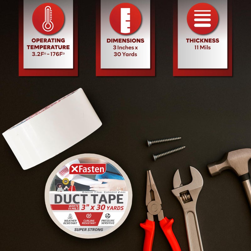 XFasten Super Strong Duct Tape, White, 3" x 30 Yards, Waterproof Duct Tape for Outdoor, Indoor, School and Industrial Use - Image 3